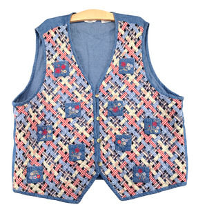 Victoria Jones Women's Basket Weave Denim Vest Blue Plus 2X Floral